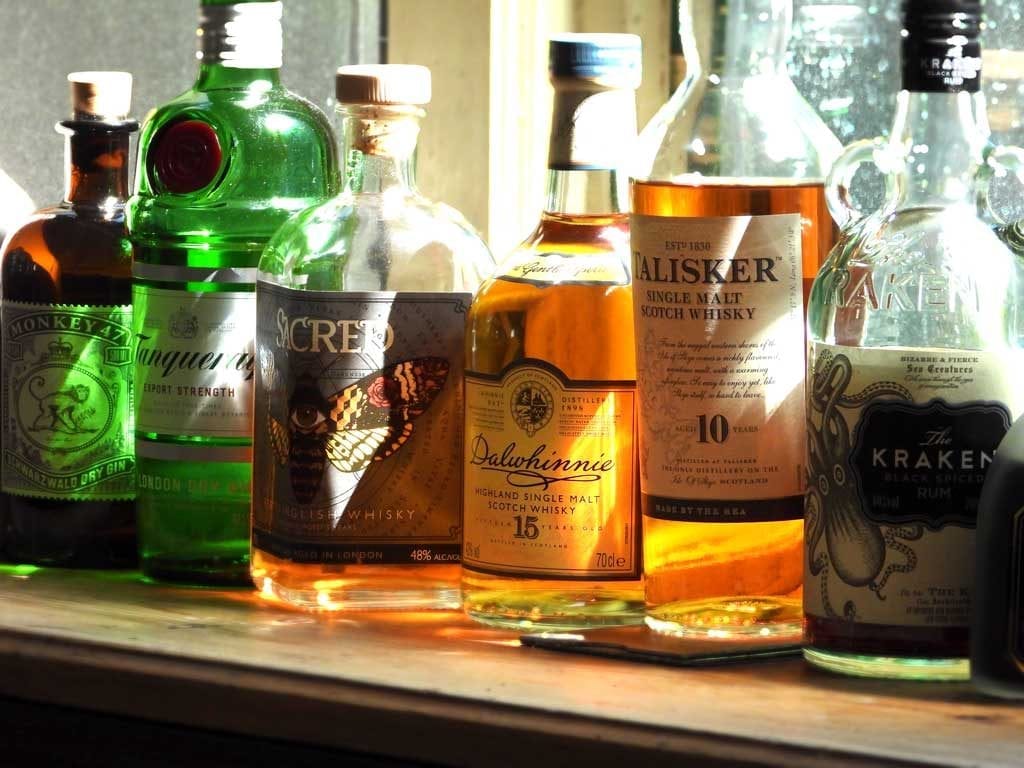 A selection of fine gins and Scottish whisky, with delicious Kraken rum