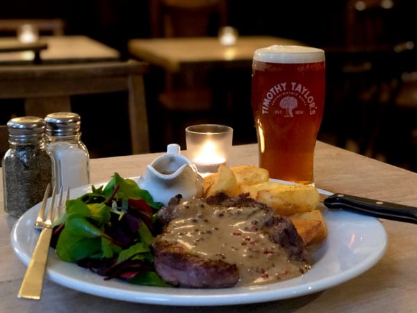 Steak and Chips and Timothy Taylor Landlord at The Harrison Pub Kings Cross.